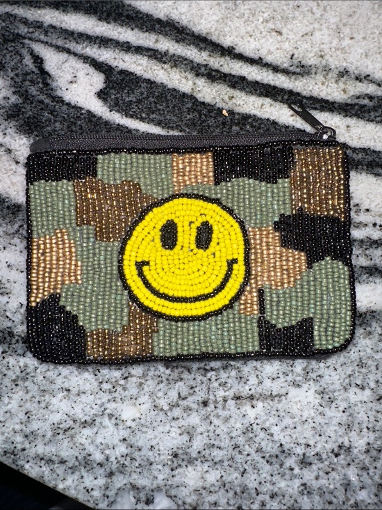 Accessories - Beaded Camouflage Coin Purse with Yellow Smiley Face